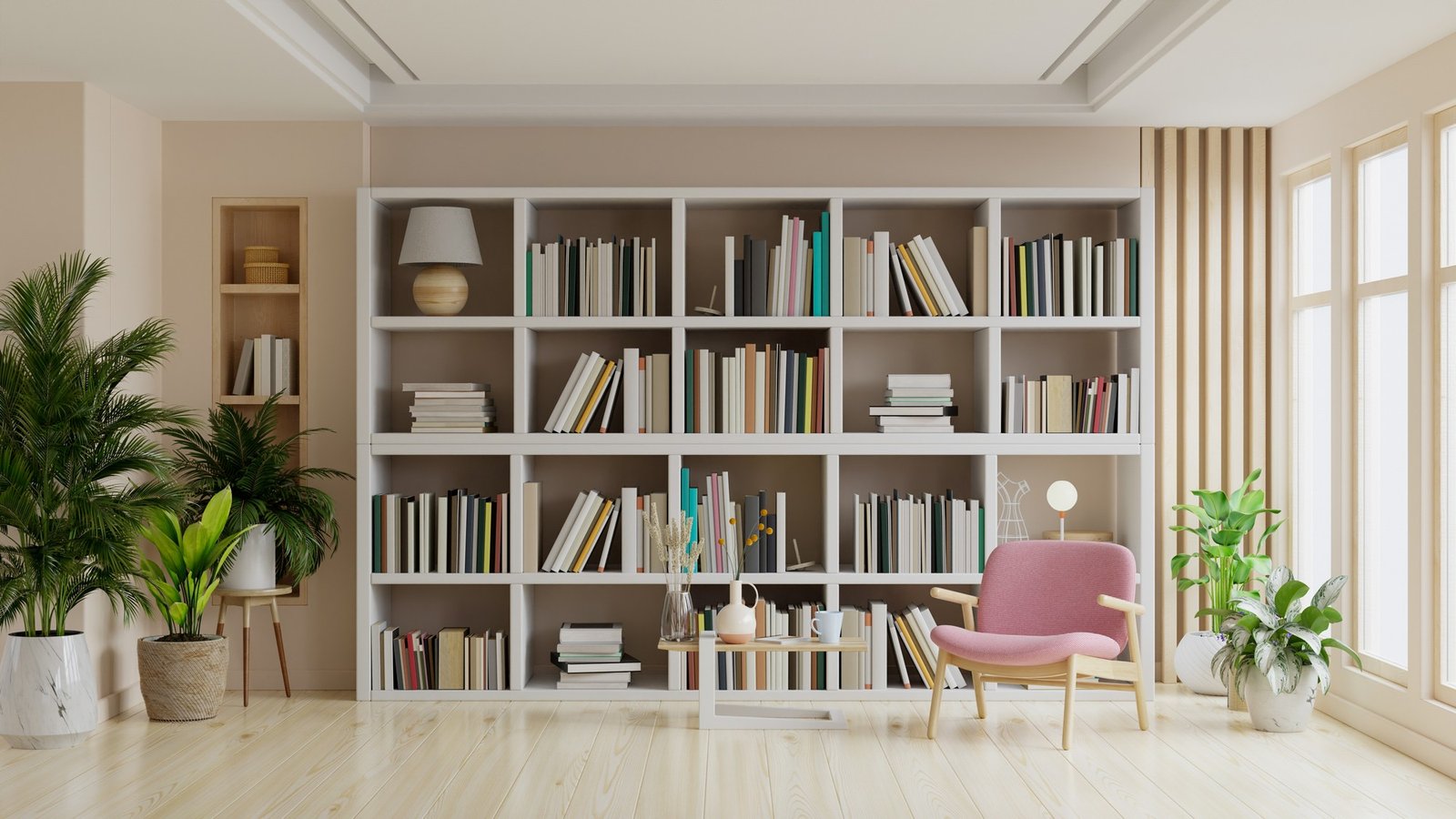 Volles Bücherregal im Wohnzimmer